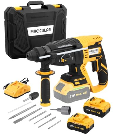 MAXCULAR Akku Bohrhammer 21V, 2,0J Schlagkraft, 4in1 SDS-Plus 5100 BPM, 26 mm Betonbohrleistung, Bürstenlos, inkl. 2 * 4.0Ah Akku, 5tlg. Bohr-Meißel-Set, Ladegerät im Handwerkerkoffer