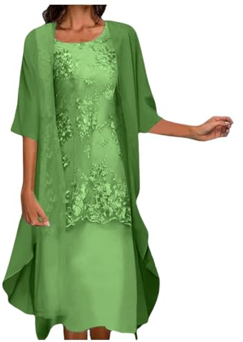 OBASDFD Dam vardaglig broderad klänning rund hals elegant halvärm chiffong scarf cardigan två set, gRÖN, M