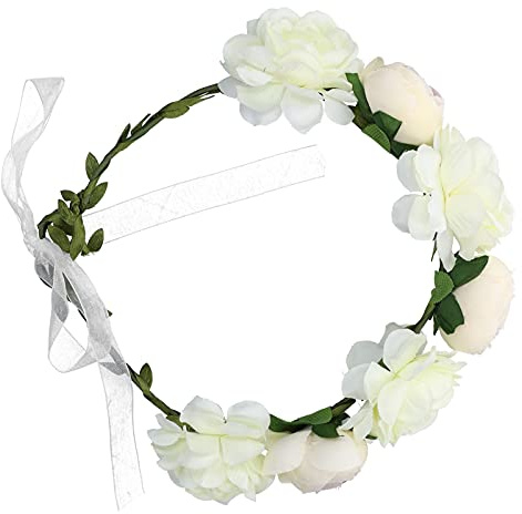 Funien Vacker Blomsterkrans Justerbar Pannband för Kvinnor Lämplig för Festivaler och Bröllop (Vit)