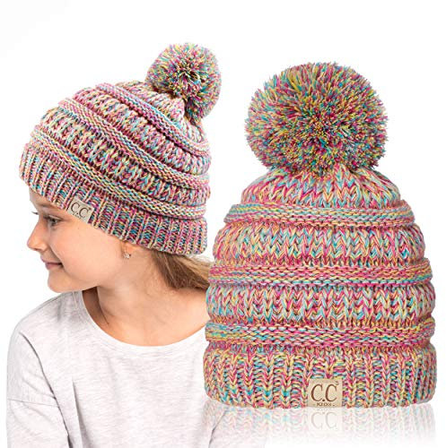 C.C Kids Beanie Ages 2-7 Warm Chunky Thick Stretchy Knit Slouch Beanie Skull Kids Hat with Pom (Rainbow Mix)