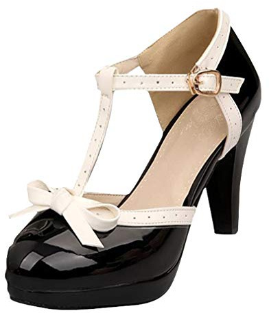 Lovouo Scarpe da donna Mary Jane in vernice con cinturino e fiocco, plateau e tacco quadrato di 9 cm, Nero , 38 EU