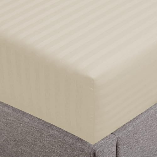 Feather & Stitch 1 Piece Fitted Sheet Queen Size, 100% Cotton Damask Sateen Weave, Striped Breathable, Stretchable Elastic Sheet for Mattress 18 inch Deep Pocket, 500TC Premium Ultra Soft - Beige