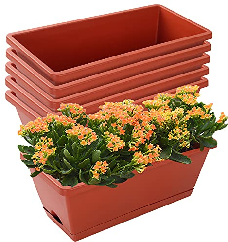 Fönsterlåda planterare, 7-pack plastgrönsaker blomlådor 43 cm rektangulära blomkrukor med fat för inomhus utomhus trädgård, uteplats, heminredning