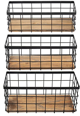TIEYIPIN Cesto portaoggetti in filo metallico, con base in legno, per armadietti da cucina, bagno, dispensa, garage, lavanderia, armadi, piccoli, colore nero (set da 3)