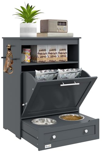 PawHut Pet Feeder Station, Dog Food Storage Container w/Raised Dog Bowls, Hanger, for Food and Water - Grey