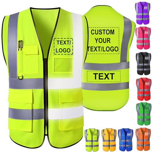 Akmxem Personalisierte Warnweste Aufdruck mit Text oder Logo und Mehreren Taschen Warnschutz Arbeitsweste Sicherheitsweste mit Bedruckbare