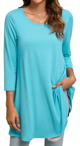 Enmain Blusa Donna Elegante 3/4 Manica Taglie Forti Maglietta a Maniche Lunghe Tunica Blu Acqua Maglia Lunga da Donna per Leggings in Tinta Unita 5XL