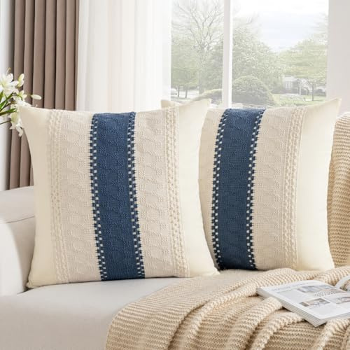 Boho Cushion Covers 40x40, Set of 2 Cotton Sofa Blue Cushions Covers with Delicate Linen Crochet Lace, Square Decorative Throw Pillow Covers for Living Room Bedroom Garden Couch Chair Bed Home Decor