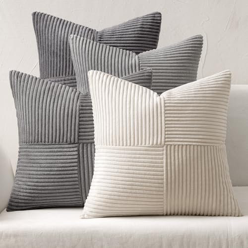 MIULEE 4er Set Kordsamt Kissenbezug Patchwork Kissenhülle Weich Dekokissen Modern Unsichtbarer Reißverschluss Sofakissen Zierkissen für Sofa Wohnzimmer Schlafzimmer Grau Serie 50x50 cm