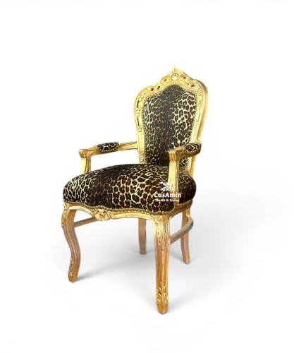 CasAmin Home & Living Accent Chair in French Louis Style with Gold Finish, Armchair in Baroque Rococo Style with Brown Animal Print for Home Decoration in the Living Room