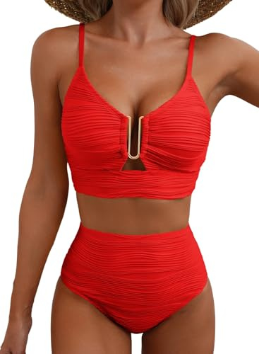 Herseas Women Swimsuits 2 Piece U-Wired Push up Ribbed Ruched High Rise Bikini Sets Longline Modest Solid Tankini Swim Suit Modest Cruise Essentials 2026 Summer Red Large
