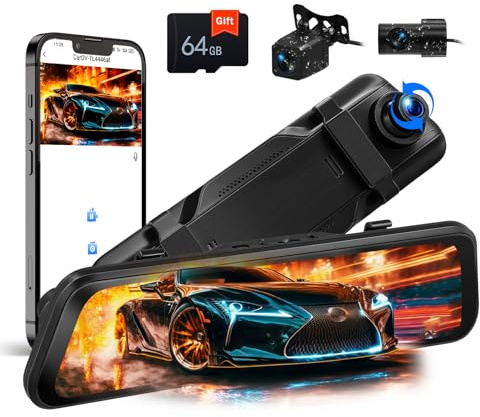 CAMECHO Spegel bilkamera med backkamera 9,66 tum skärm full HD 2K, bilkamera spegel bil fram och bak, super mörkerseende med loopinspelning, G-sensor, GPS, LCA, BSD, 64 G-kort 2 x 1080 kamera