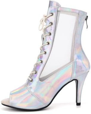 HIPPOSEUS Bottines de Danse Femme à Fermeture éclair arrière et Lacets Talon Haut 8cm Chaussures de Danse Sexy pour Heels Danse et Pratiques,Modèle 5136,Argent,35 EU