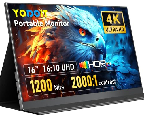 Yodoit Monitor portatile 16 4K 3840 x 2400 UHD 1200 Nits schermo con Smart Cover, display IPS con tipo C, Mini-HDMI, altoparlanti integrati, compatibile con PC, laptop, MacBook, PS3/4/5