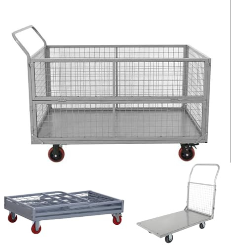QYMYOZ Kraftig hopfällbar plattformsvagn med bur, stor stålvagn, 1 000 kg kapacitet, multifunktionell tryckvagn för lager och förvaring (150 x 100 x 92 cm)