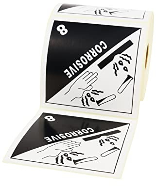 Prolac Etiquetas en blanco/negro, 100x100 mm – Clase 8 Sustancias corrosivas – 500 etiquetas autoadhesivas en rollo, etiquetas de envío como identificación de mercancías peligrosas, etiquetas