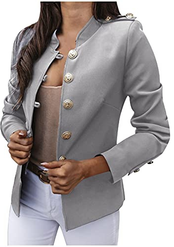 HHMY Sweatblazer Chaqueta de Traje para Mujer Abrigo Elegante con Botonadura Abrigo Militar Blazer Casual de Ocio Cuello Alto Chaquetas de Traje de Oficina de Negocios Blazer Ajustado, M - 3XL, gris