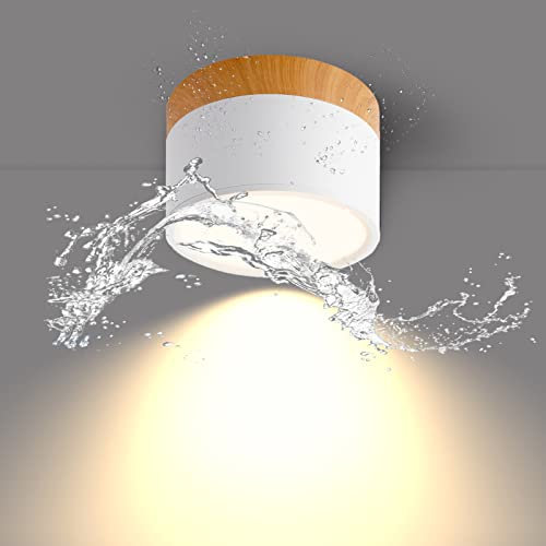 Temgin IP65 Deckenleuchte Aufputz Weiß Matt Holzmaserung LED 12W 3000K Warmweiß Deckenspots Aluminium 230V Ø10cm Aufbauleuchte Deckenlampe Spots Badezimmer