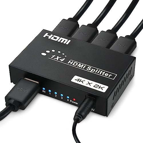 Répartiteur HDMI 1 entrée 4 Sorties, 1x4 Splitter HDMI 4K Distributeur Audio Vidéo avec Adaptateur Secteur, Supporte 3D, HDCP, Compatibilité avec HDTV, Xbox, PS4, Lecteur Blue-Ray, Projecteur