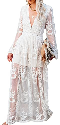 amropi Mujer Encaje Vestido de Fiesta Largo Vestidos Cuello en V Manga Corta Verano Ropa