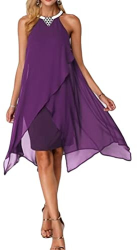 Minetom Robe De Cocktail Asymétrique Au Genou Femme sans Manche Mousseline De Soie Cocktail Bal Mariage Courte Robes Fête A Violet XXL