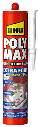 UHU Polymax extra fort- Mastic/colle de fixation MSP pour coller, assembler et jointer, toutes surfaces, séchage rapide, sans solvants, blanc, cartouche 425 g
