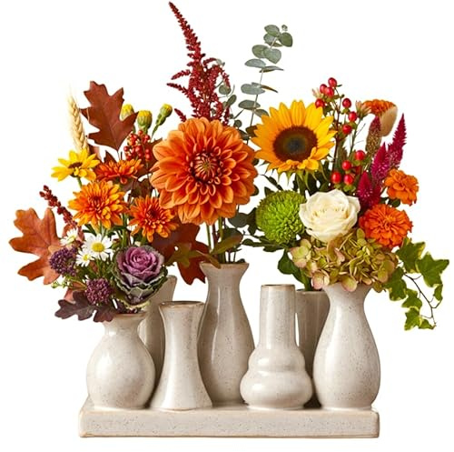 Jinfa Keramikvasen Set – 7 kleine Vasen auf Sockel – Antik-Weiß – Handgefertigte Mini Vasen – Boho & Nordic Tischdeko – Wohnzimmer, Esstisch, Geschenkidee