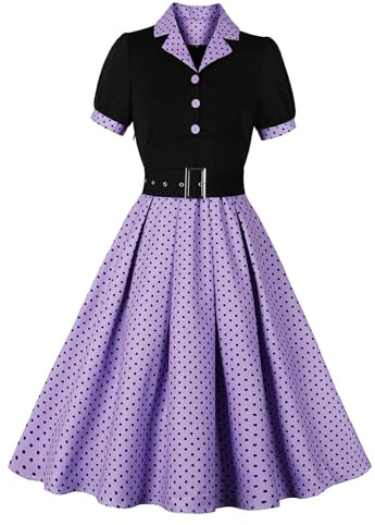 Wellwits Femmes Noir Corset Boutons Pois Plissés Travail Bureau Formel Cocktail Soirée Années 1950 Vintage Costume Robe