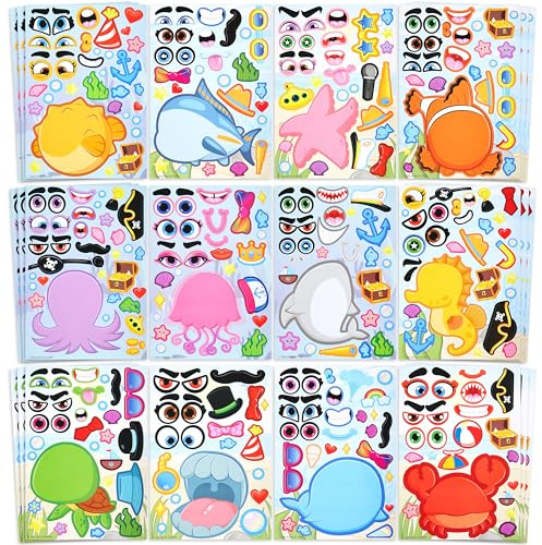 JOYIN 36 PCS Make-a-face Sticker Sheets, Make Your Own Sea Animals and Match Animals Sticker Sheets for Children, Sticker Faces for Kids, Stickers for Party Bags, Kids Party Favor Supplies