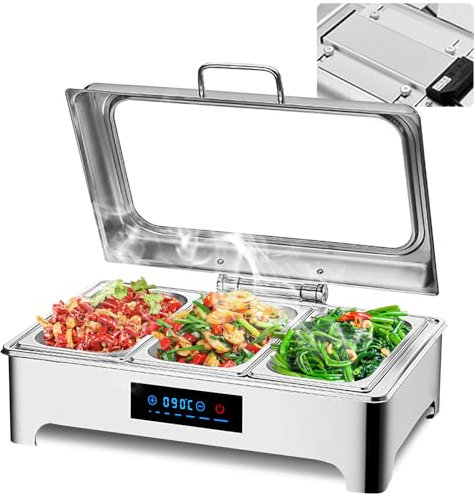 YAOYAOO Chafing Dish Electrico, Calentador de Comida Eléctrico, Calentador de Alimentos con Tapa Visible, Temperatura Regulable35-90℃, 9L, 400W 220V, Acero Inoxidable (1/3)