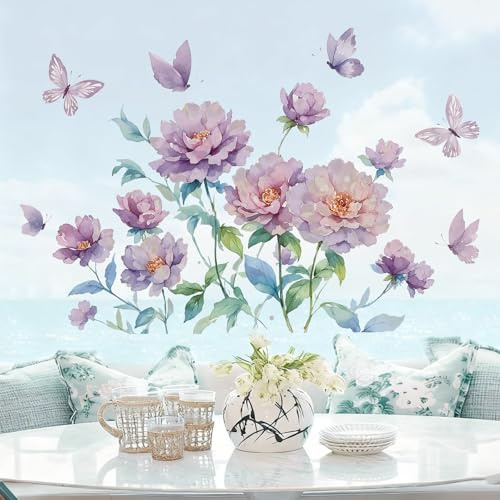 KAIRNE Blumen Lila Wandsticker Schmetterling Pfingstrosen Blüten Wandaufkleber Aquarell Blumen Groß Wandtattoos für Wohnzimmer Schlafzimmer Lila Wandsticker für Kinderzimmer Mädchen