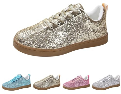 Baskets à paillettes pour femme à lacets tendance légères à paillettes métalliques - Chaussures de tennis basses à paillettes décontractées - Mocassins plats confortables et rembourrés, doré, 39 EU