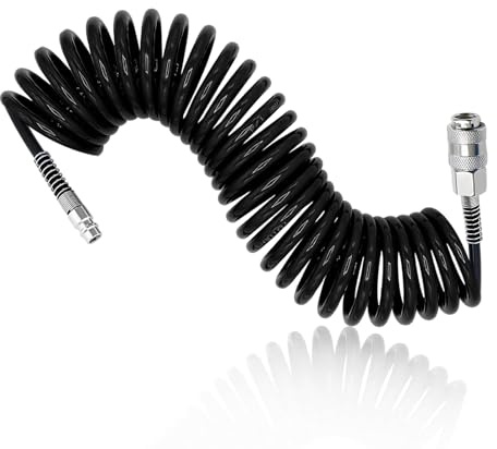 TIANLIN 6M PU Air Compressor Hose Black, with 1/4 Quick Connect Fittings, Coiled Air Line Hose 5mm x 8mm (Max Pressure 10 Bar) for Compressor