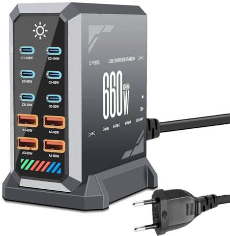 Caricatore USB C 10 in 1 e 660 W, multiuso, GaN 3, USB, multiplo con 6 x USB-C + 4 x USB-A, PD140 W, 65 W, 60 W, 30 W Power Delivery stazione di ricarica per MacBook Pro/Air, iPhone, iPad, Samsung