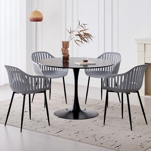 GrandCA HOME Conjunto de Mesa y Sillas de Comedor Modernas, Mesa Redonda de 110 CM con 4 Sillas, Patas de Metal Negro, Ideal para Sala de Estar, Balcón o Jardín (Gris)