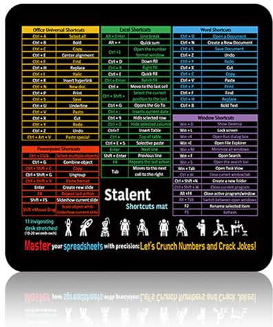 FOSDICK Excel Shortcuts Mouse Mat, Shortcut Key Mouse Pad, Mousepad with Anti-Slip Rubber Base, 30x25cm Small Size Mousemat, Mouse Pads for Excel, Word, Office, Computer, Laptop, Home, Travel, Black