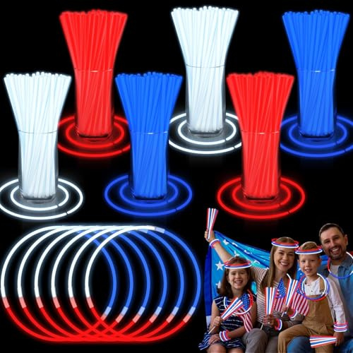 YOUDRN 300 bastoncini luminosi da 20,3 cm per il 4 luglio, con connettori, rosso, blu, bianco, per bomboniere, braccialetti luminosi al buio, accessori per feste per il 250° anniversario degli Stati