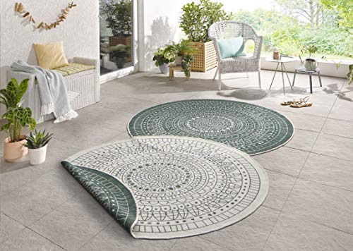 Northrugs Porto In- und Outdoor Teppich Rund – Runder Wendeteppich Wasserfest Mandala Design Flachgewebe Teppich Wetterfest für Balkon, Terrasse, Garten, Wohnzimmer in Grün Creme, ⌀140cm