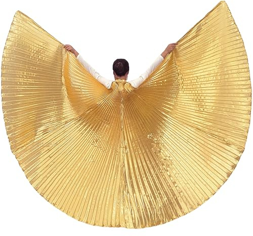 Wuchieal Women's Belly Dance Costume Isis Wings, Professional Dance Wings with Sticks (One Size, 10# Golden)