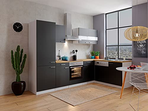 respekta Küche Küchenzeile Küchenblock Winkelküche Weiß Schwarz Malia 280 x 172 cm