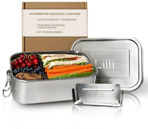 LOOXIS Scatola per il pranzo personalizzata in acciaio inox con incisione del nome o del testo - idea regalo per bambini, compleanno - con scomparti, inclusa separazione, lunchbox, bento box - M