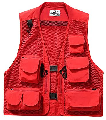YAOTT Herren Sommer Weste Camouflage-Mesh-Fotografie Schnelltrocknend im Freien Multi-Tasche Freizeit Angelweste Dünne Camping-Jagdweste Militär Arbeitsweste mit Vielen Taschen Rot XXL