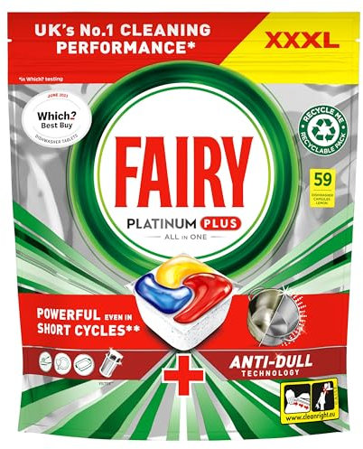Fairy Platinum Plus Dishwasher Tablets – Bulk Pack, 59 Tablets, XXL Pack, Lemon
