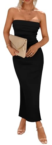 PRETTYGARDEN Women's Summer Bodycon Maxi Tube Dress Ribbed Strapless Side Slit Long Going Out Casual Elegant Party Dresses (Black,Small)