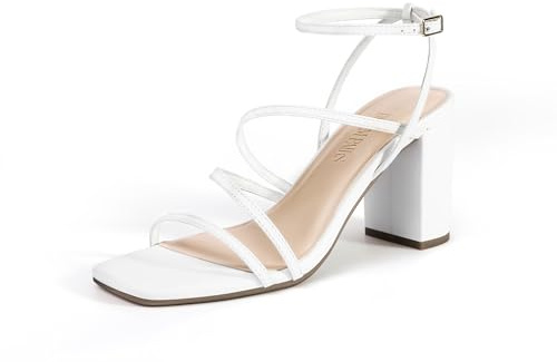 DREAM PAIRS Women's Heels Chunky Block Strappy Square Open Toe Ankle Buckle Heeled Sandals Wedding Party Dress Shoes Indie,Size 6.5,White,SDHS2428W