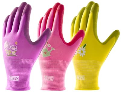 PACIFIC 3 Paires de Gants de Jardinage pour Femme – Gants de Travail à Prise Ultra, Gants de Sécurité Durables pour Jardin, Pêche, Camping, DIY et Activités Extérieures, Violet&Jaune&Rouge, Taille S