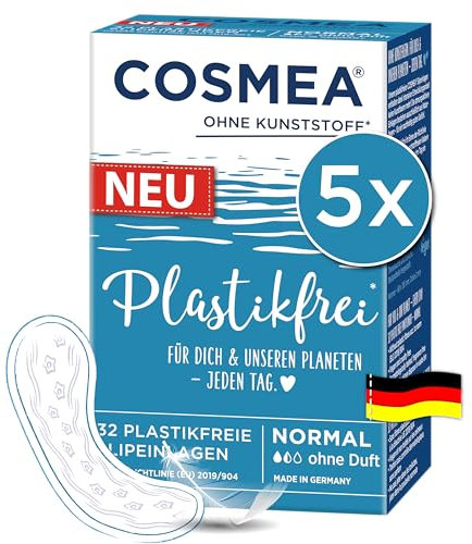 Cosmea Plastikfrei Slipeinlagen Normal – Vorteilspack 5 x 32 Stück – 100% pflanzenbasierte Fasern, atmungsaktiv, ohne Duft – Made in Germany