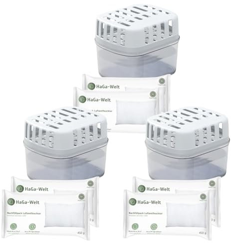 HaGa® Deumidificatore Box con granulato – Deumidificatore senza corrente per un ambiente sano fino a 36 m² – 3 scatole con 6 ricariche di cuscini granulati in cloruro di calcio – bianco/trasparente