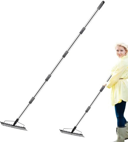 Petit râteau à arbustes, râteau à Gazon en métal - Râteau de Jardin réglable,Râteau en métal à Longueur réglable pour Jardin et Cour, râteau à nœud pour Feuilles, Jardin et Sol