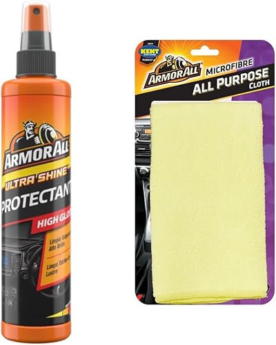 Armor All Limpiador de Salpicaderos Coche en Spray 300 ml y Paño Microfibra, Hidrata Plástico, Limpia y Protege Superficies del Sol, Renueva Vinilo, Previene Envejecimiento y Pérdida de Color
